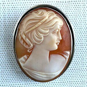 Vintage 800 Silver Shell Cameo Brooch Pendant
